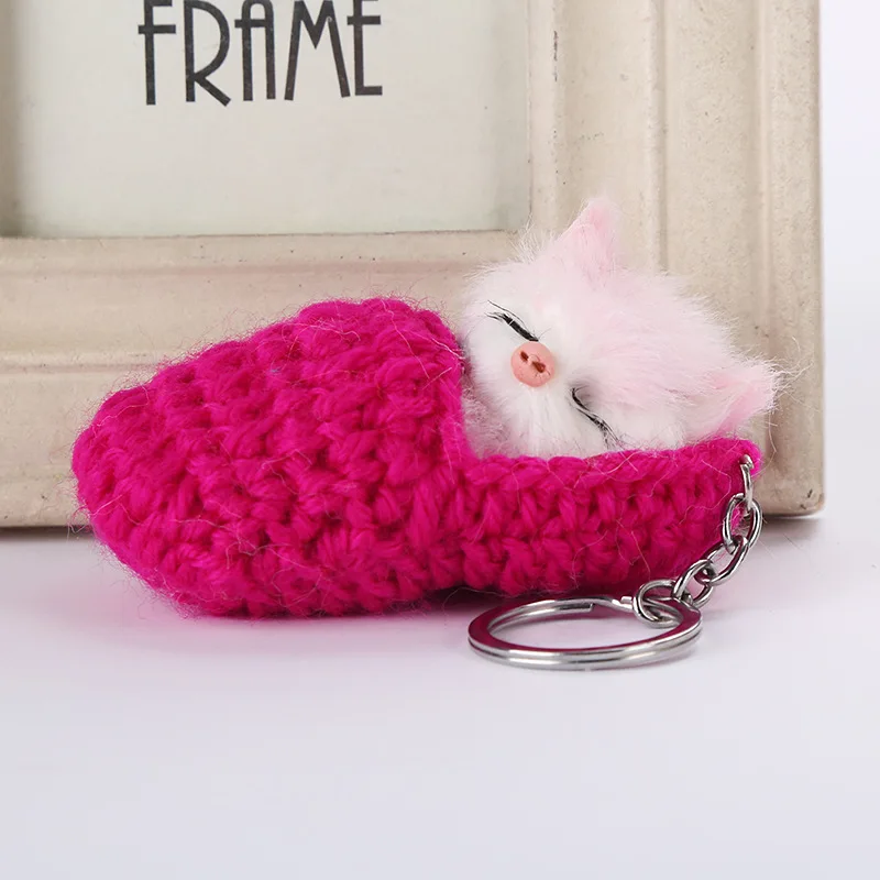 Fluffy Faux Bunny Fur Pompon Sleep Cat in Wool Slippers Keychains New Design Cute Pompom Key Ring Bag Pom Ball keyring Women | Украшения и
