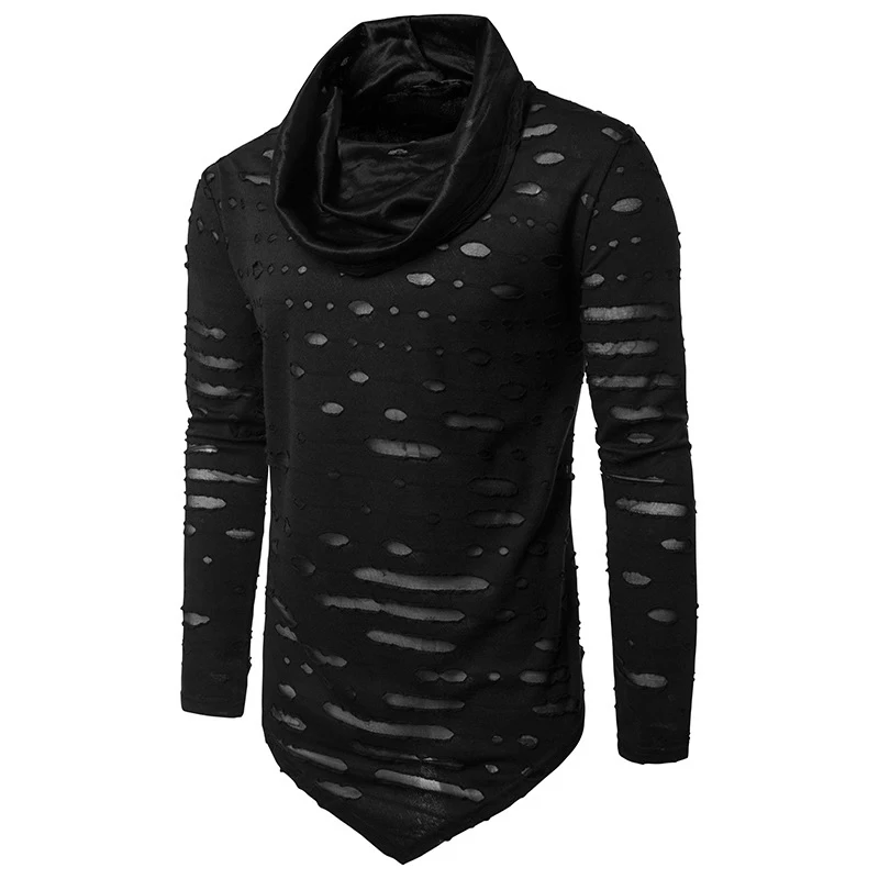LASPERAL Men T-shirts fashion Turtleneck Ripped Hole Long Sleeve Tee Shirts Casual Hip Hop white black tshirts 2018 spring new | Мужская