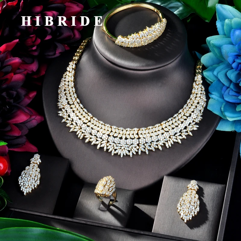 

HIBRIDE Luxury Leaf Shape Gold Color Nigerian Wedding Cubic Zirconia Necklace Dubai 4PCS Dress Jewelry Set For Party Gifts N-823