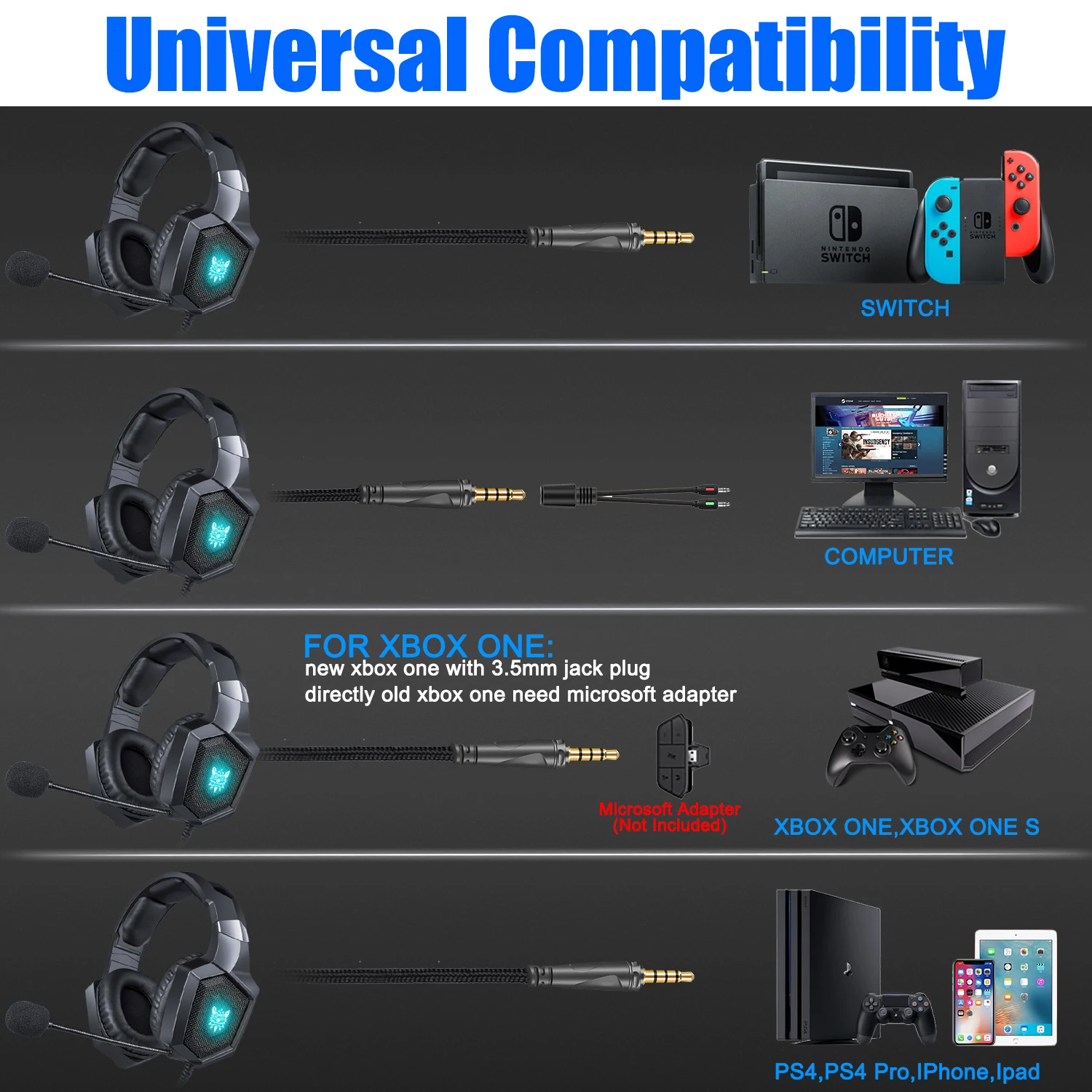ONIKUMA K8 игровая гарнитура стерео Бас RGB наушники для PS4 Xbox One