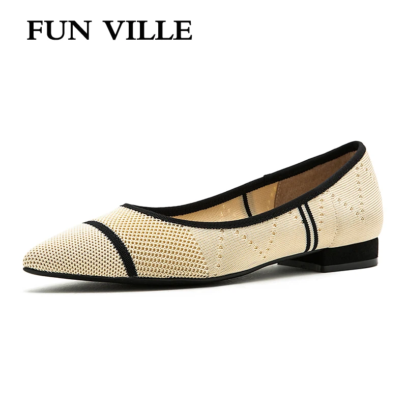 

FUN VILLE New Fashion Flats shoes for women knitting Air Mesh Spring Summer Women Casual shoes Sexy Ladies loafers Pointed Toe
