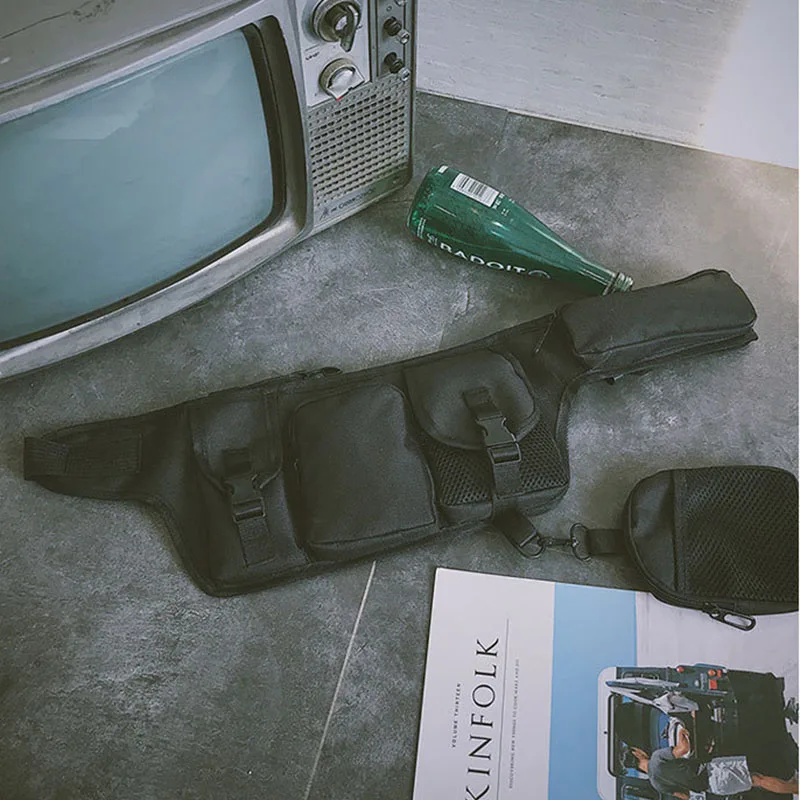 Black waist bag Мужская нагрудная сумка с кольцом на груди, холщовая тактическая сумка, Мужская поясная сумка в стиле хип-хоп, уличный стиль, поясная сумка 030279 - Цвет: Black waist bag