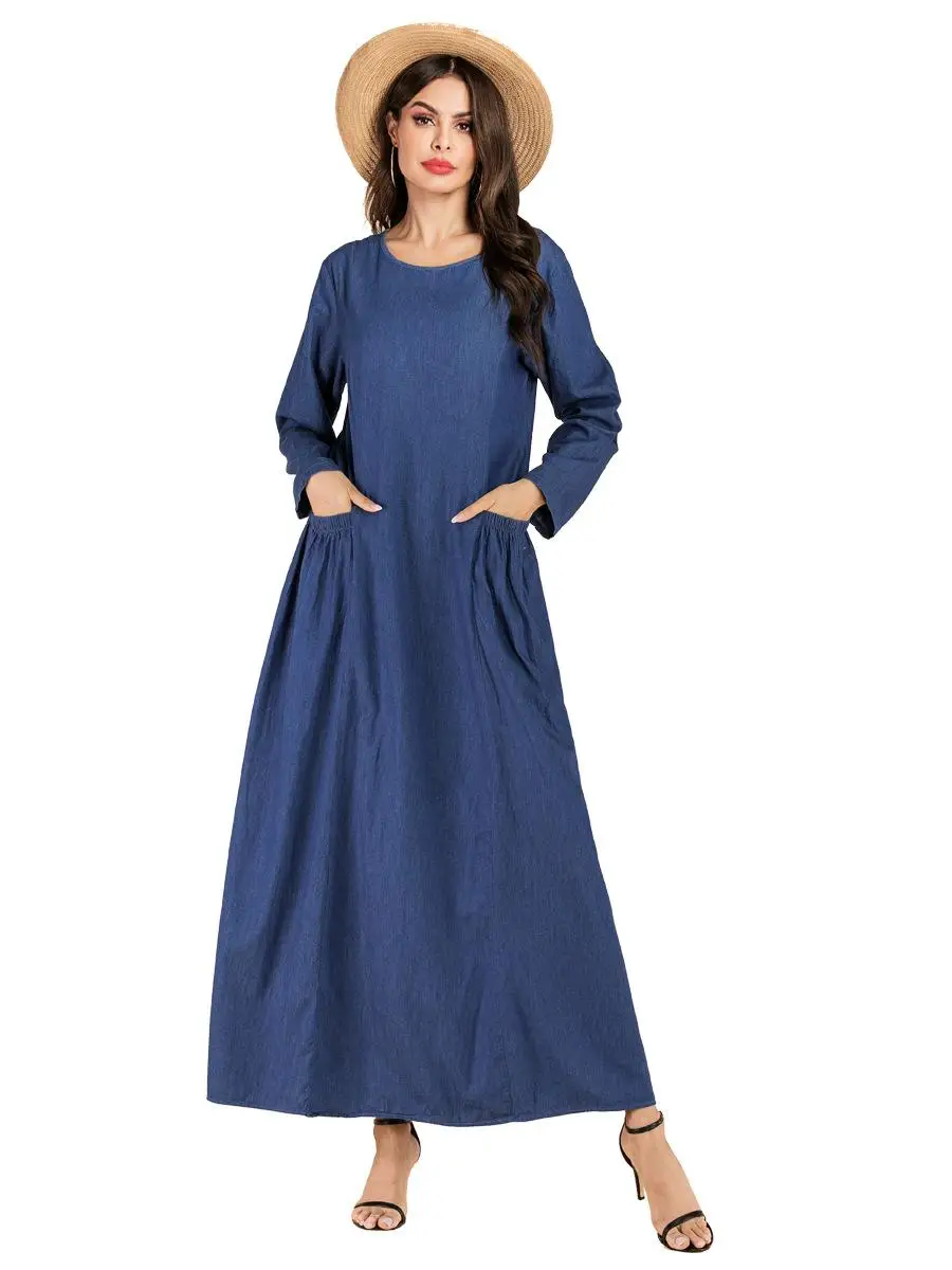 Новые женские мусульманские Длинные платья Abaya джинсовый кафтан халат с