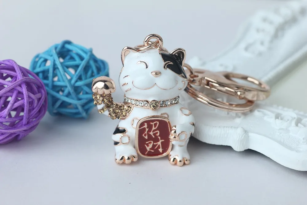 Мультфильм кристалл брелок для мужчин сплав Стразы Lucky Cat ключи цепи wo Мужская сумка кулон ювелирный брелок для ключей
