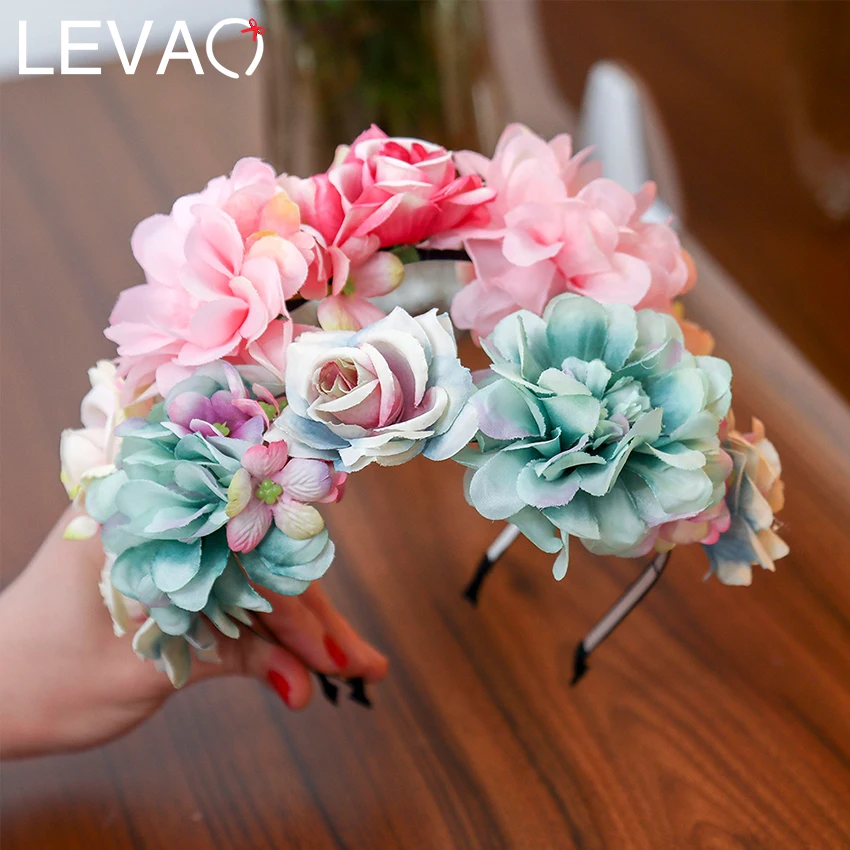 LEVAO Spring Bride Wedding Hairband Flower Crown Headband Hair Accessories Women Sweet Floral Weather Hair Hoop Hairwear