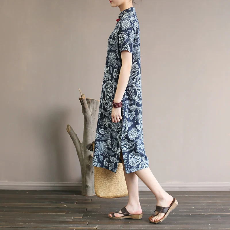 Женское винтажное платье Qipao повседневное летнее до колена из хлопка и льна с