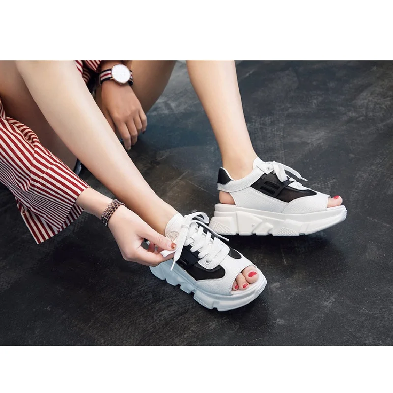 Zomer Muffin Dikke Bodem Vis Mond Koovan vrouwen Sandalen Sport Met Ademend Mesh Pu Lederen Casual Schoenen 2019|Женские кроссовки и