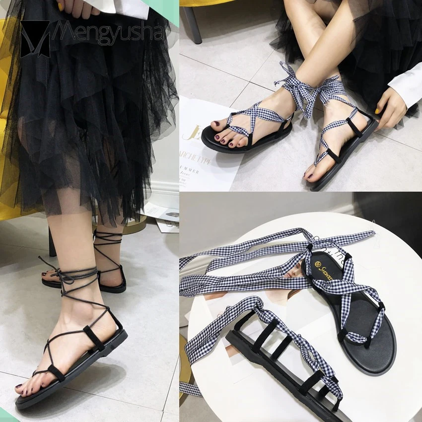 Сандалии женские пляжные радужные/клетчатые на шнуровке босоножки гладиаторы с