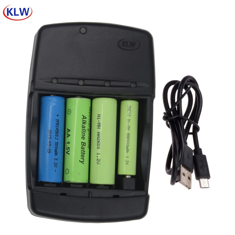 Cargador de batería USB inteligente de 4 ranuras para baterías recargables, 1,2 V, AA, AAA, AAAA, NiMh, NiCd, 1,5 V, alcalino, 3,2 V, LiFePo4, 14500, 10440