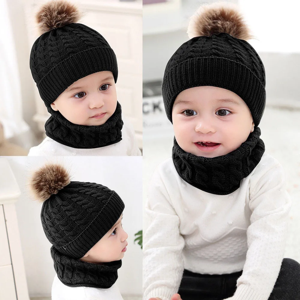 2Pcs infant girl baby winter warm knit hat cap + scarf suit 2019 new children two-piece | Детская одежда и обувь