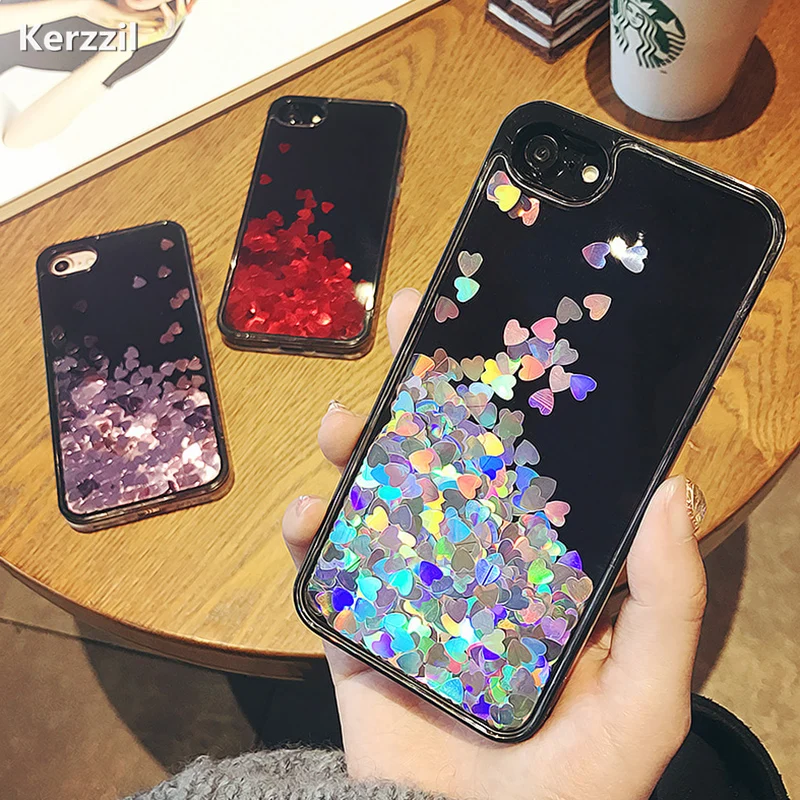 Kerzzil Glitter Liquid Quicksand Phone Case For iPhone 7 8 Plus Shiny Love Heart Sequin Cases 6 6s Hard Back | Мобильные телефоны и