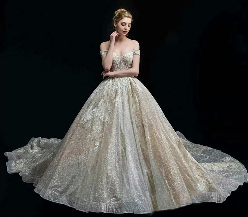 

2020 Luxury Shinny Wedding Dress Off the Shoulder Lace Beading Wedding Dresses Puffy Ball Gown Bridal Dress Custom Made