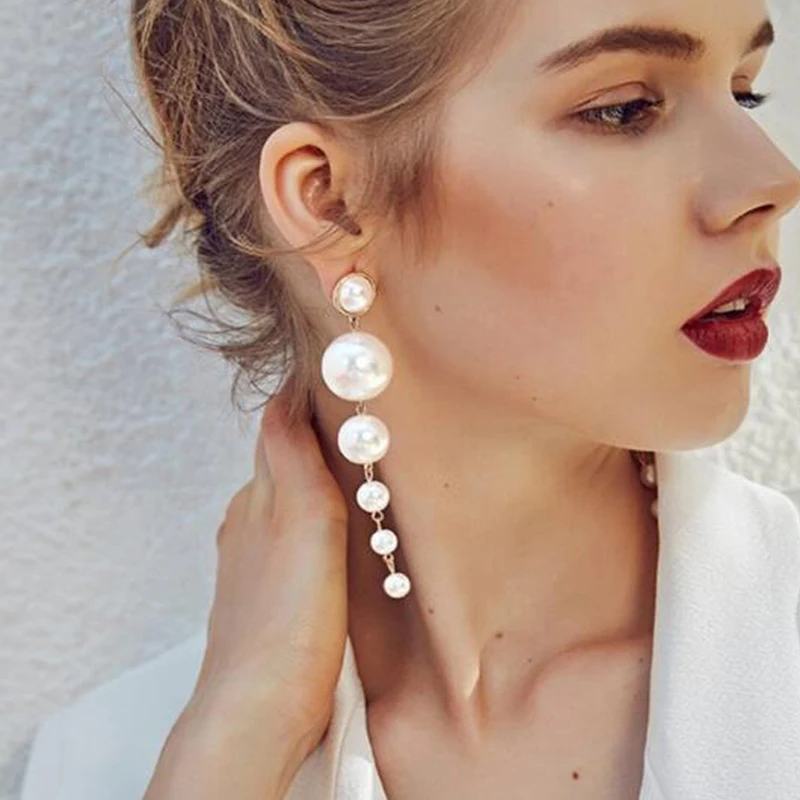 Модные эффектные длинные висячие серьги с несколькими жемчужинами ювелирные