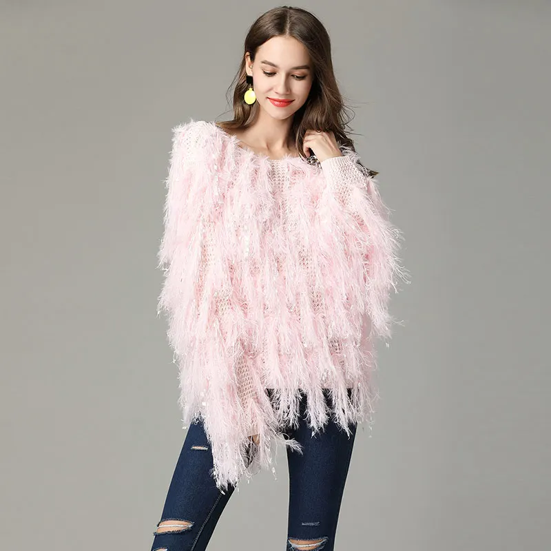 Willstage Winter Pink Sweater Women Feather Long Sleeve Tassel Pullovers Elegant O neck Knitted Tops 2019 Autumn Clothes Female | Женская