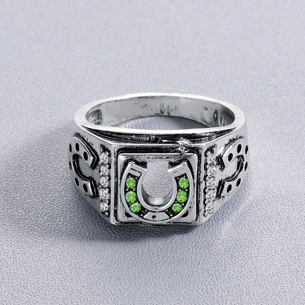 Chandler Green Stone Lucky Men's Horseshoe Ring Retro Classic Size 9 Good Luck Anillos Knuckle Anel Black | Украшения и