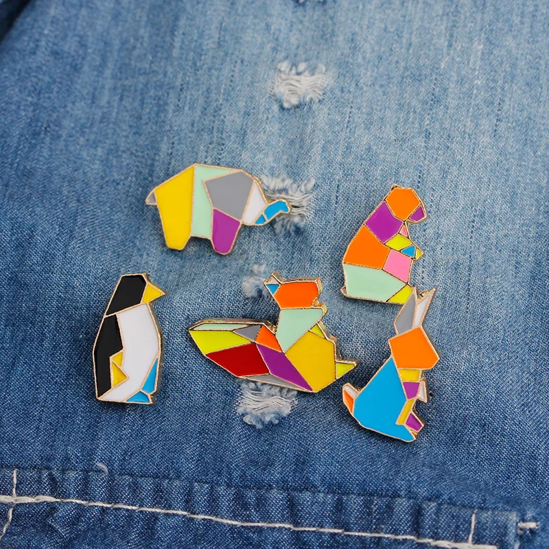 Fashion Cartoon Origami Animal Enamel Brooches Cute Rabbit Squirrel Whale Pony Penguin Fox Design Pins badge For Friends | Украшения и