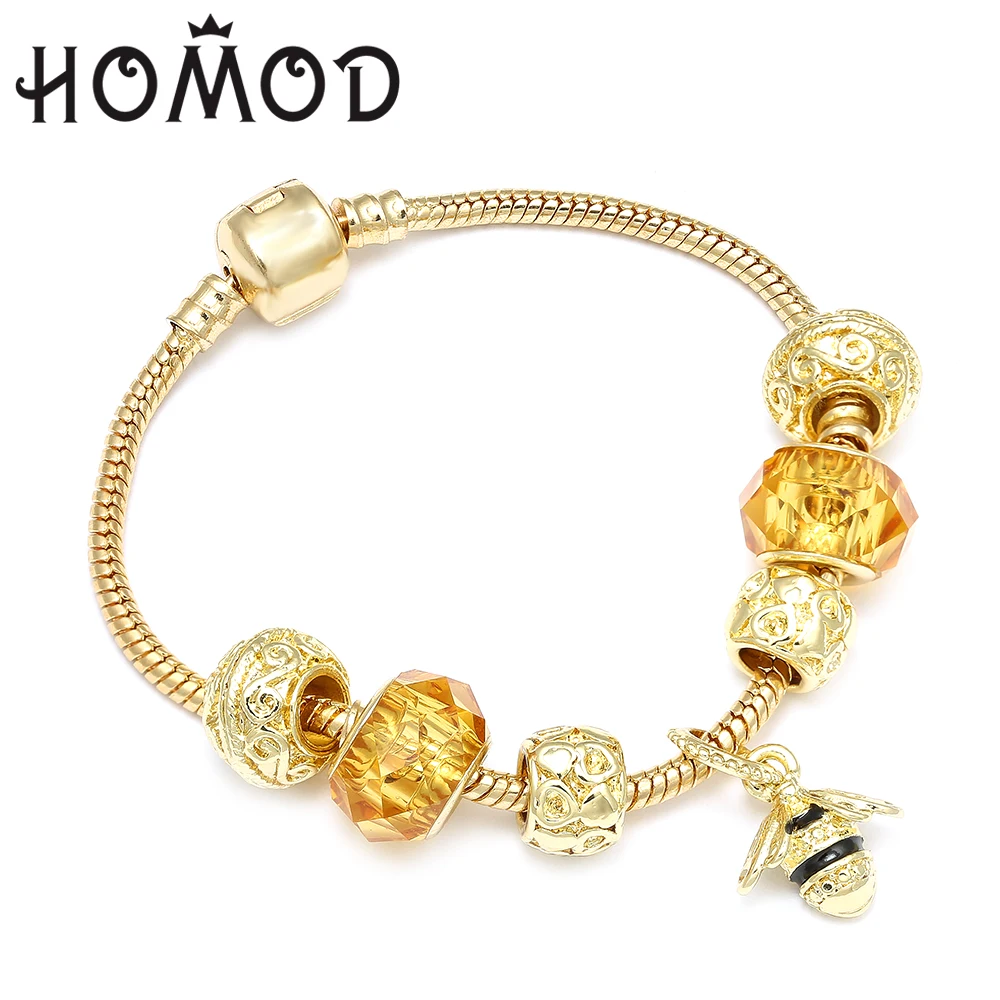 

HOMOD 2019 Gold Color Trendy Insect Bee Pendant Charm Bracelets Bangles Fit Brand Bracelet for Women Couple Jewelry Gift
