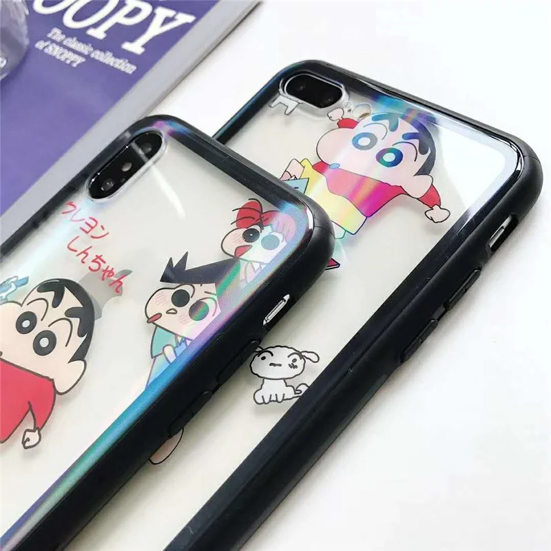 Crayon Shin-chan Japan Cartoon Colorful Light Hollow Clear Cases For iPhone X 6s Plus 7 8 Tempered Glass &amp TPU Phone Covers |