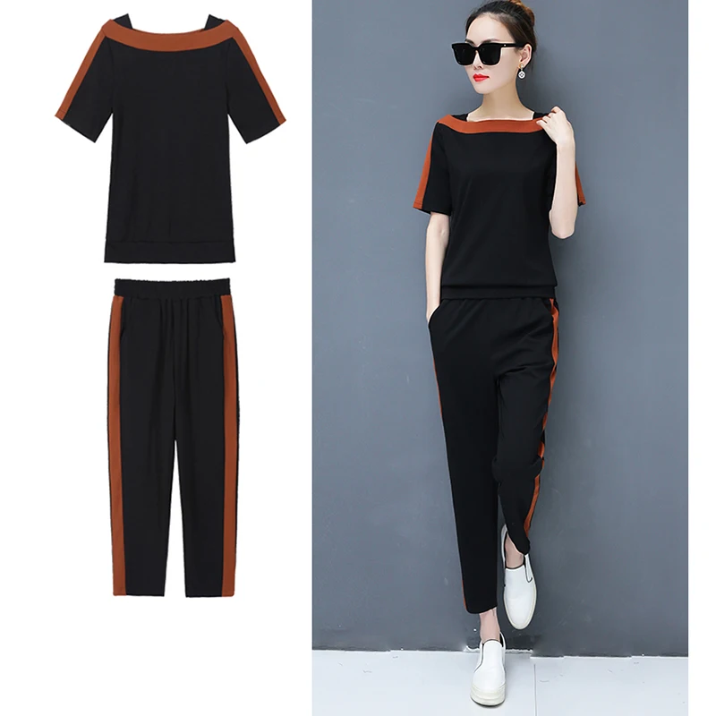 

Women summer sports and leisure suits new fashion tide short-sleeved casual pants two-piece female large size loose sports suit