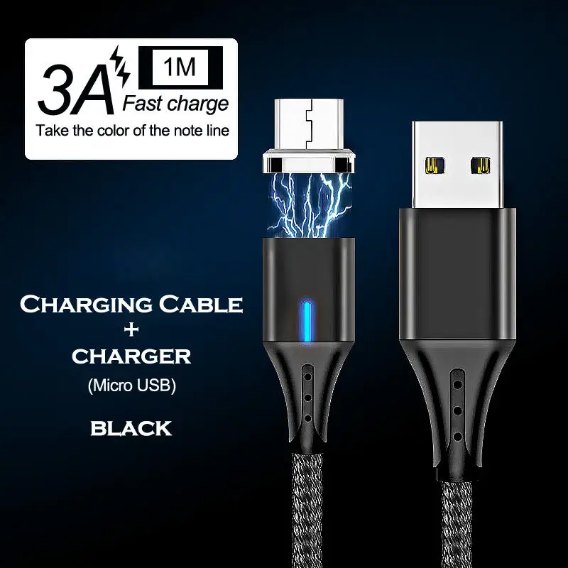 Black For Micro Магнитный usb-кабель для передачи данных 3 a, 1 м, 2 м, для iPhone X, XS, XS, MAX, светодиодный, mi, cro, USB, быстрое зарядное устройство, type-C, кабель для huawei, samsung Xiaomi mi 9 - Цвет: Black For Micro