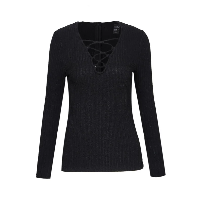 Vadim women sexy v neck knitted sweater bandage pullover lace up Elastic low cut cross bodycon long sleeve casual tops SW867 | Женская