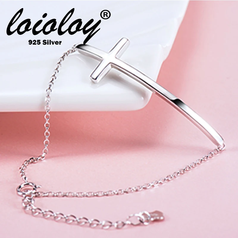 Loioloy 100% Серебро 925 пробы с боковым шармом крест браслет для женщин Вера Кристиан