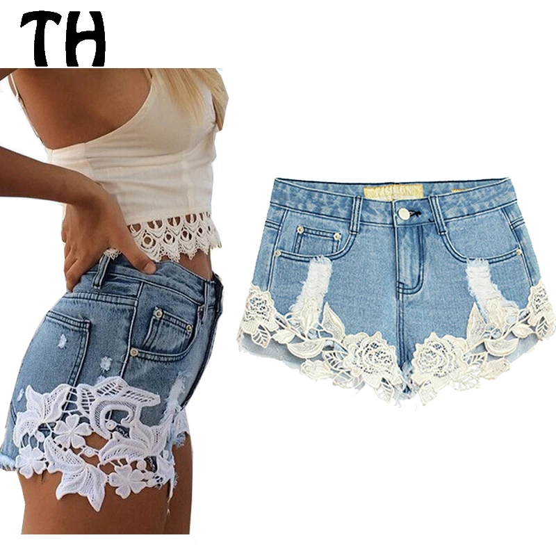 Женские кружевные джинсовые шорты укороченные рваные джинсы с высокой талией
