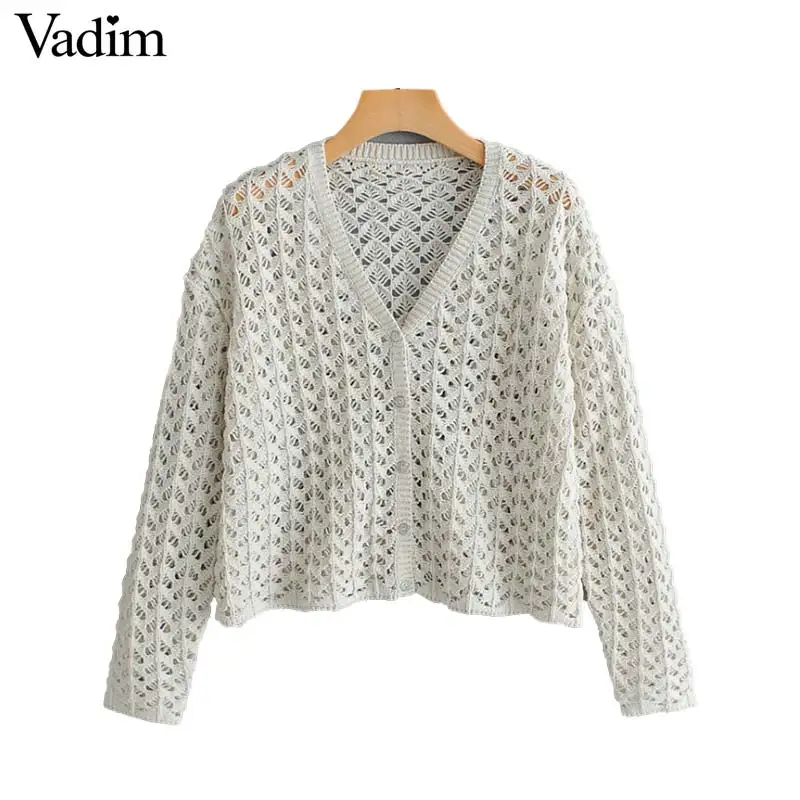 Vadim women solid knitted short cardigans hollow out sexy V neck single breasted female casual thin outwear sweater HA397 |