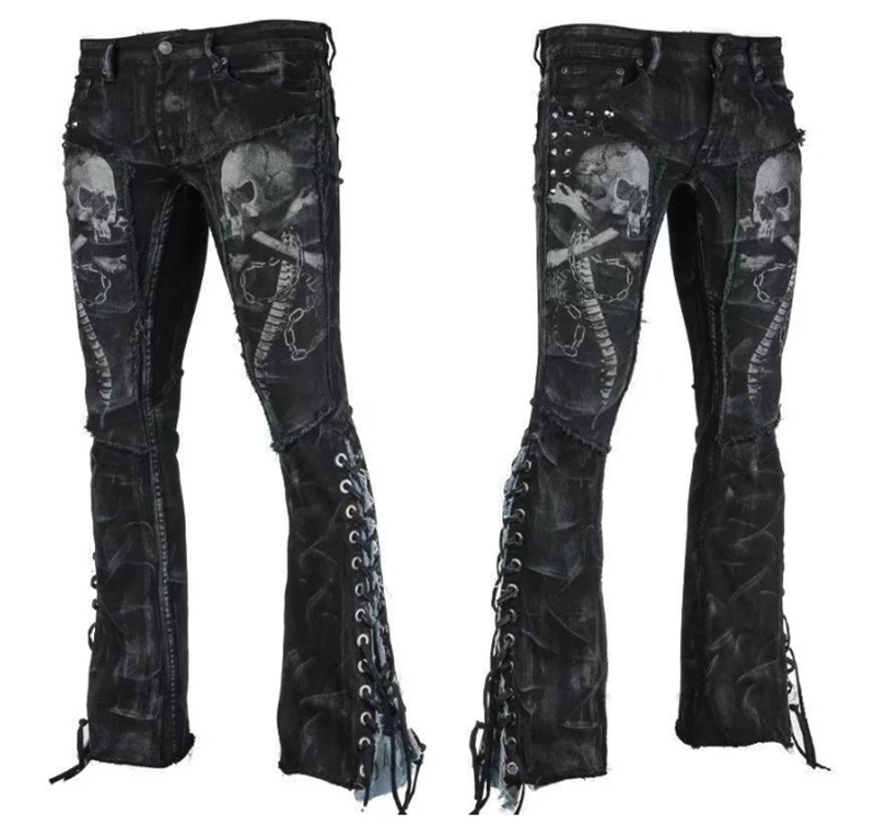 Men denim black Jeans Slim ripped hole Fashion Hip hop Skinny pencil For high street wear stretch skull jeans | Мужская одежда