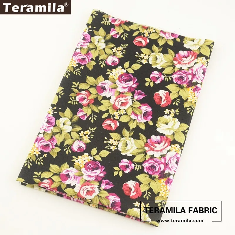 Ткань Teramila хлопок поплин черная с цветочным принтом ручная работа|textil decoration|cotton