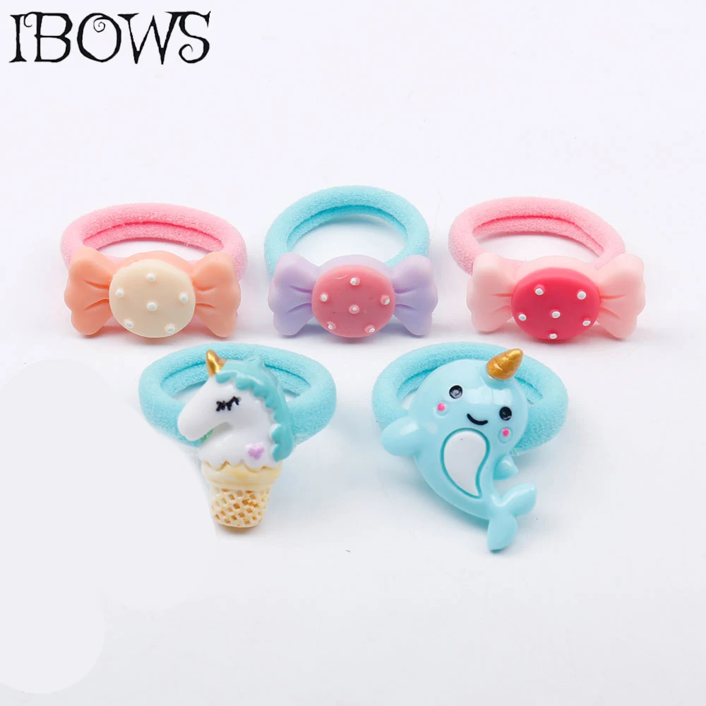 Kawaii/5 шт./Партия аксессуары для волос Детские нейлоновые резинки для волос Единорог/конфеты/шамрок эластичные веревки для волос для девочек детские головные уборы