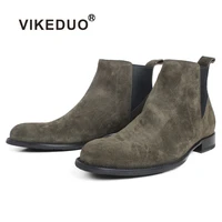vikeduo 2019 brand autumn chelsea boots for men green genuine cow suede handmade bespoke mens ankle boots slip on leather shoes