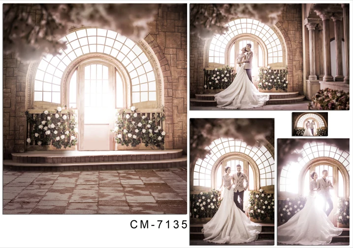 TR 8x8ft Romantic Wedding Photography Backdrops Bright Round Window Door Flowers Brick Wall Floor Backgrounds for Photo Studio |