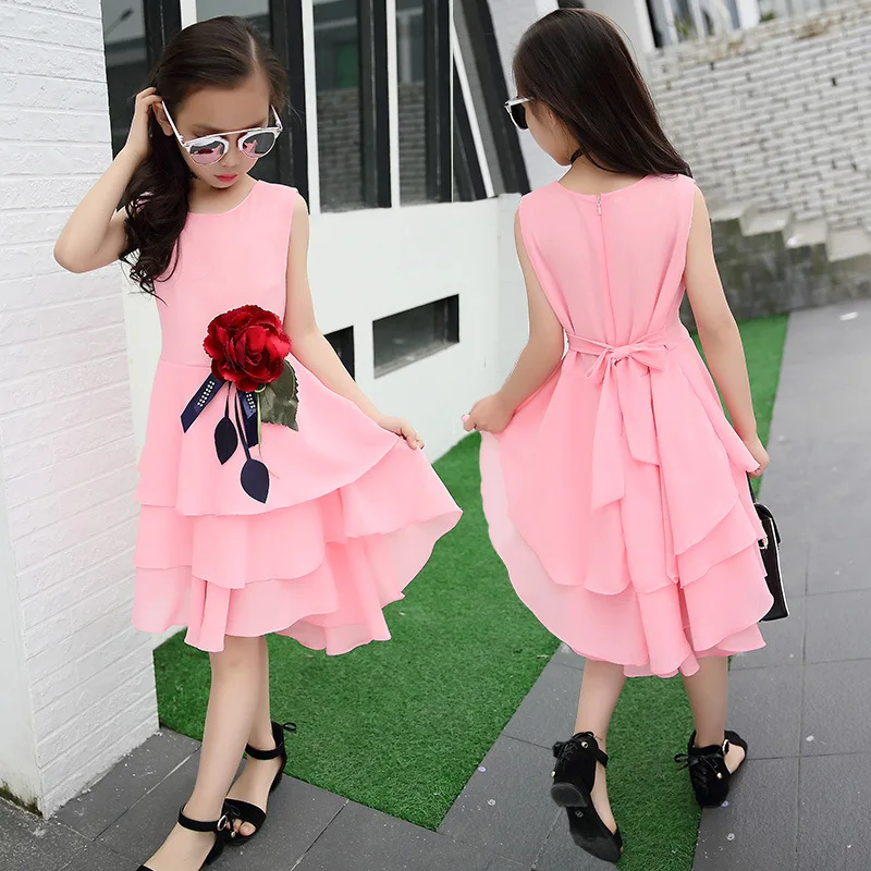 Детское шифоновое платье без рукавов с большим цветком однотонное для девочек 3 4