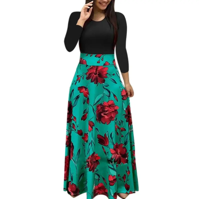 Bohemian Long Sleeve Maxi Flowy Dress Color Block Polka Dot Floral Patchwork Bodycon Empire Waist Vintage Skirt S-2XL | Женская одежда