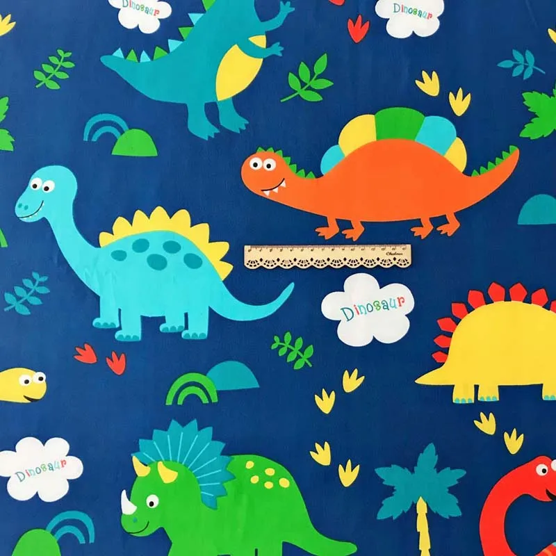 160 см * 50 хлопок темно синий белый мультфильм Динозавр желтые листья Дерево Ткань