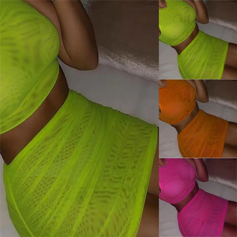 

2 pcs Women Sleeveless skinny Crop Top vset and High waist mini skirt set Sexy Bodycon Club Body suit clothing suit 3 colors