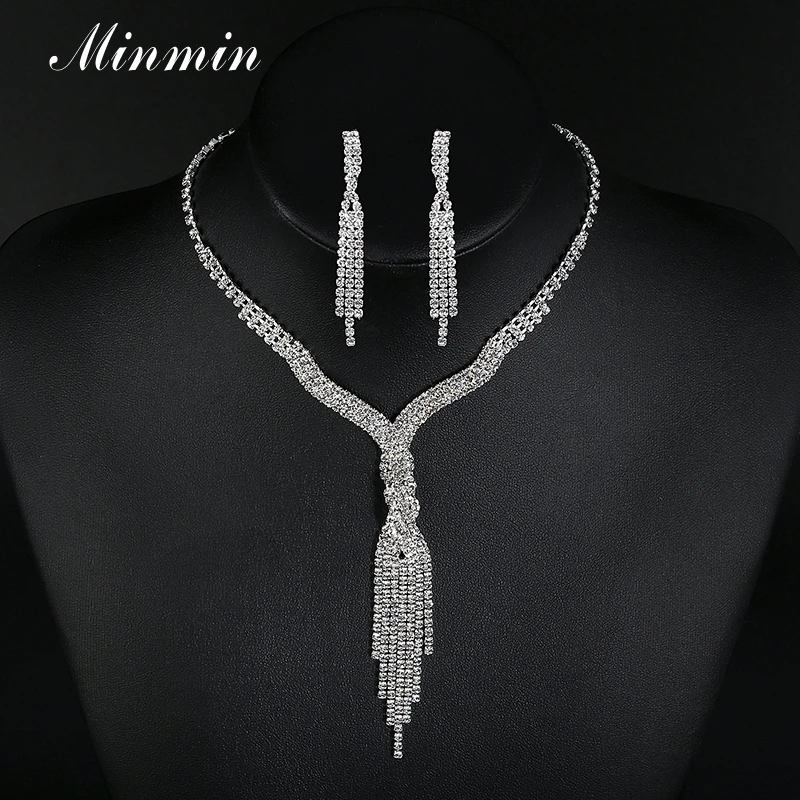 Minmin Кристалл кисточкой Свадебные Ювелирные наборы Высокое качество Серебряный