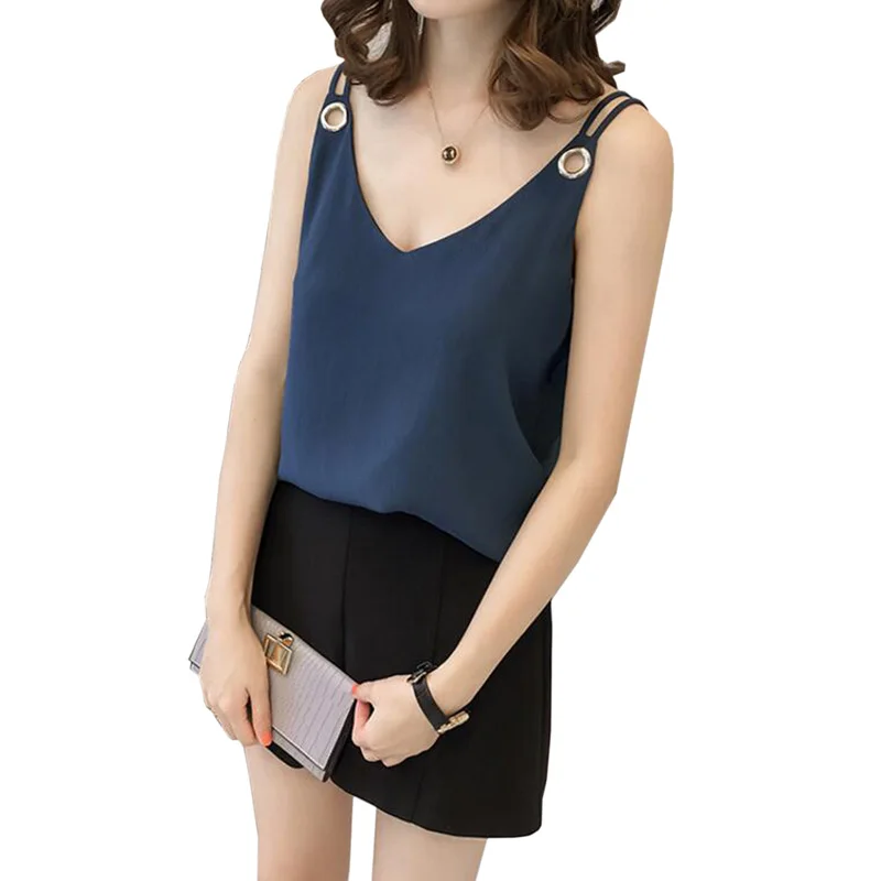 

2018 New V-Neck Camisole Top Chiffon Sexy Camis Tops Tees Casual Female Vest Backless Solid Solid color loose sleeveless strap