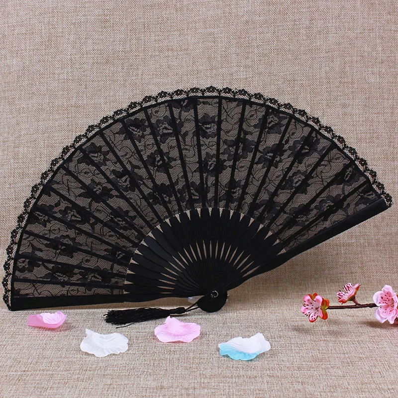 

Noble Color Black Lace Fan Ancient Portable Folding Woman Fan Hollow Japanese Style Wind Cotton Linen Female Summer Fan