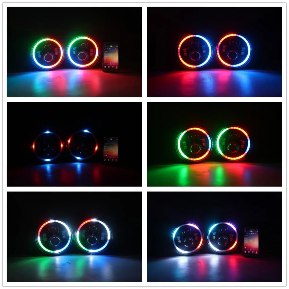 Светодиодные фары 7 дюймов управление через приложение по Bluetooth цветные гало RGB