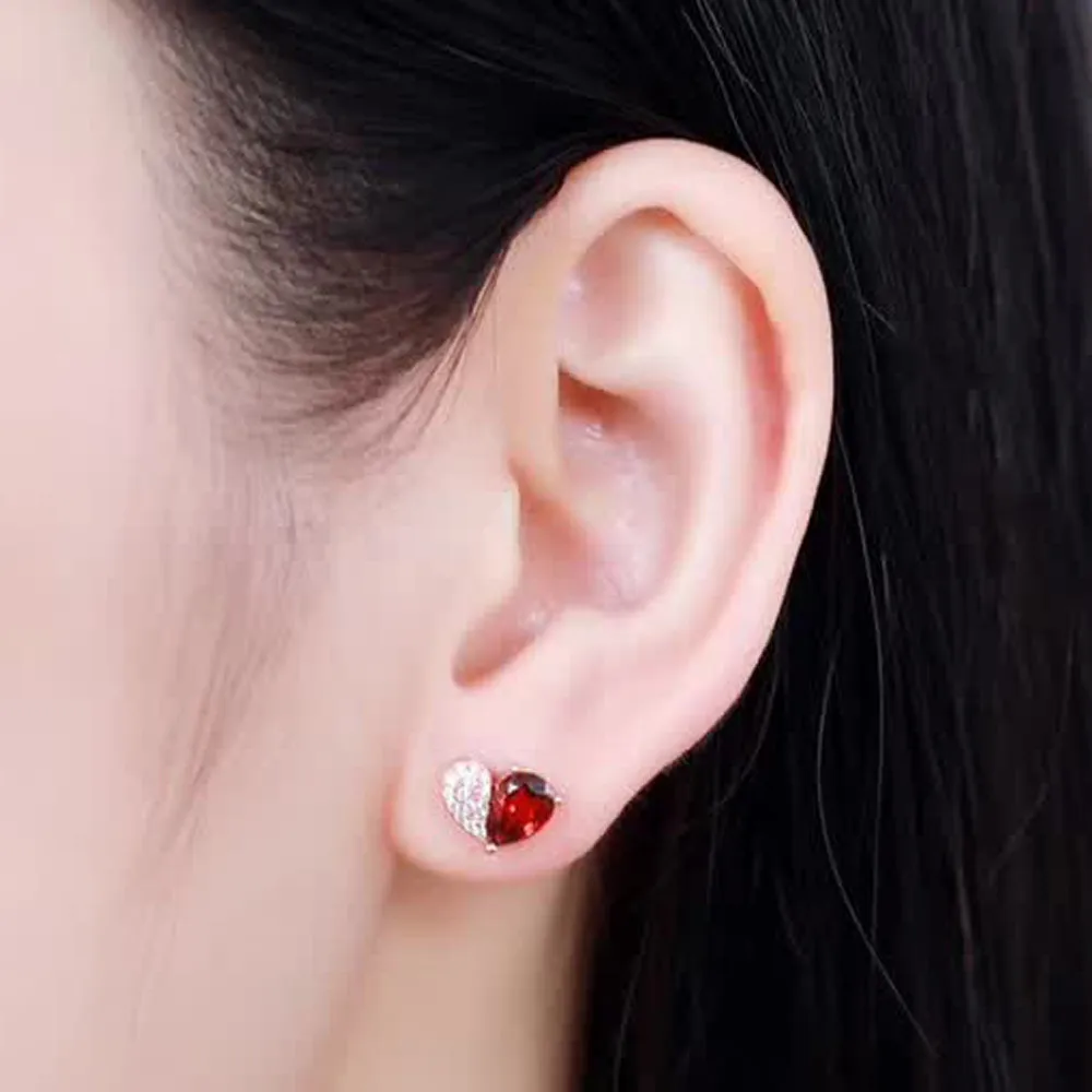 

hot sale romantic hearted-shape white rose gold color 925 sterling silver natural red garnet stud earrings for women