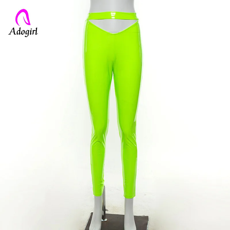 Adogirl/женские брюки из искусственной кожи пикантные облегающие неоновые зеленые