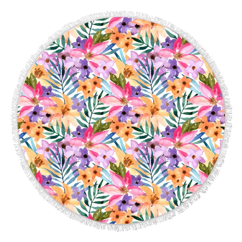 

2019 Newest Style Fashion Birds Leaves Flowers Round Beach Towel With Tassels Microfiber 150cm Picnic Blanket Mat Tapestry