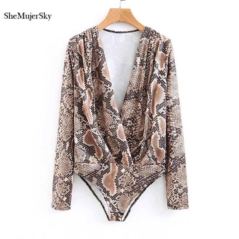 

SheMujerSky Snake Skin Print Sexy Deep V-neck Bodysuit Long Sleeve Short Jumpsuits dames kleding