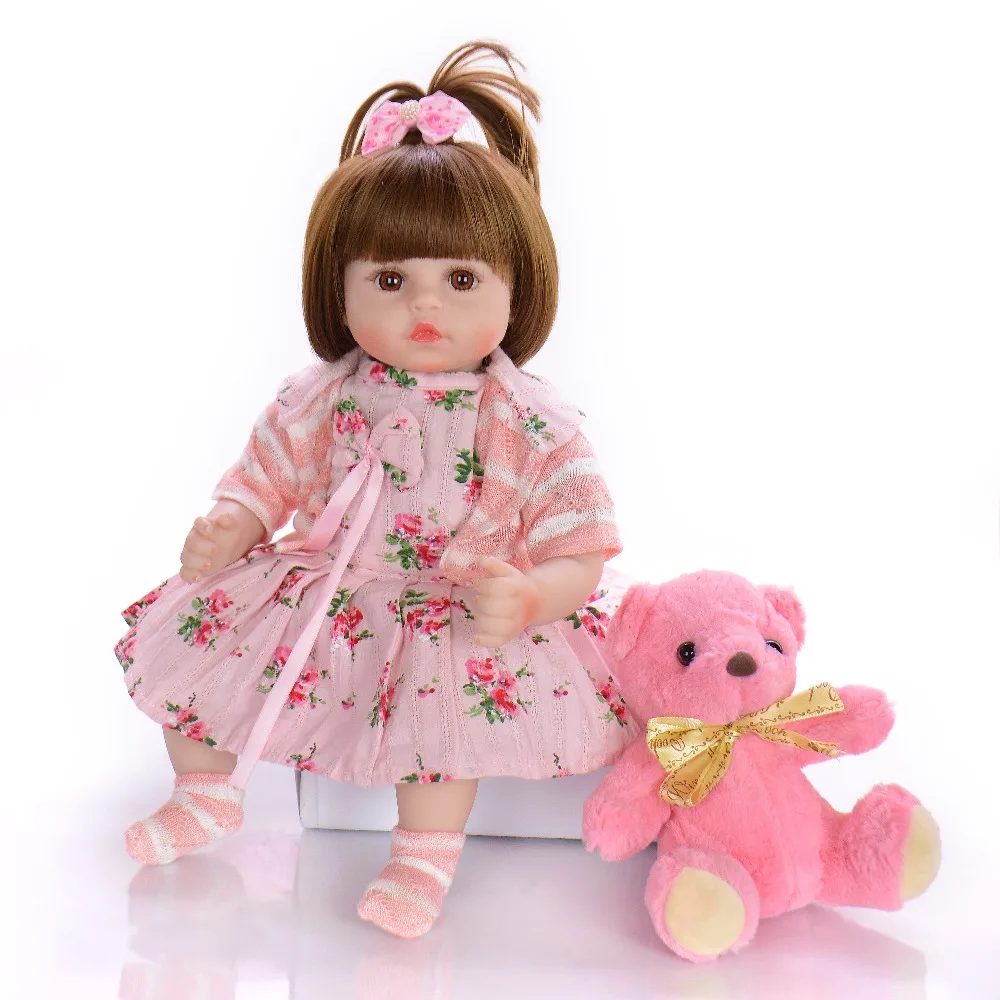 

Кукла реборн силиконовая Реалистичная, виниловая Розовая кукла принцесса с медведем, подарок на день рождения, 48 см