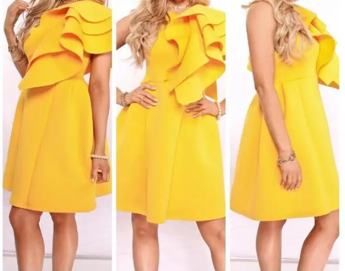 Summer Women Ruffles Dress Yellow Cascading Sexy Sleeveless Knee-length Elegant Fashion Party Wear Pencil XXL | Женская одежда
