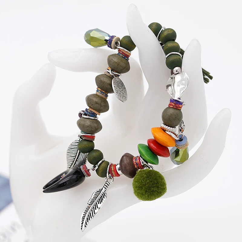 ALLYES Green Wooden Beads Bracelets for Women Jewelry Bohemian Vintage Wool Ball Alloy Leaves Charms Bracelet Femme | Украшения и