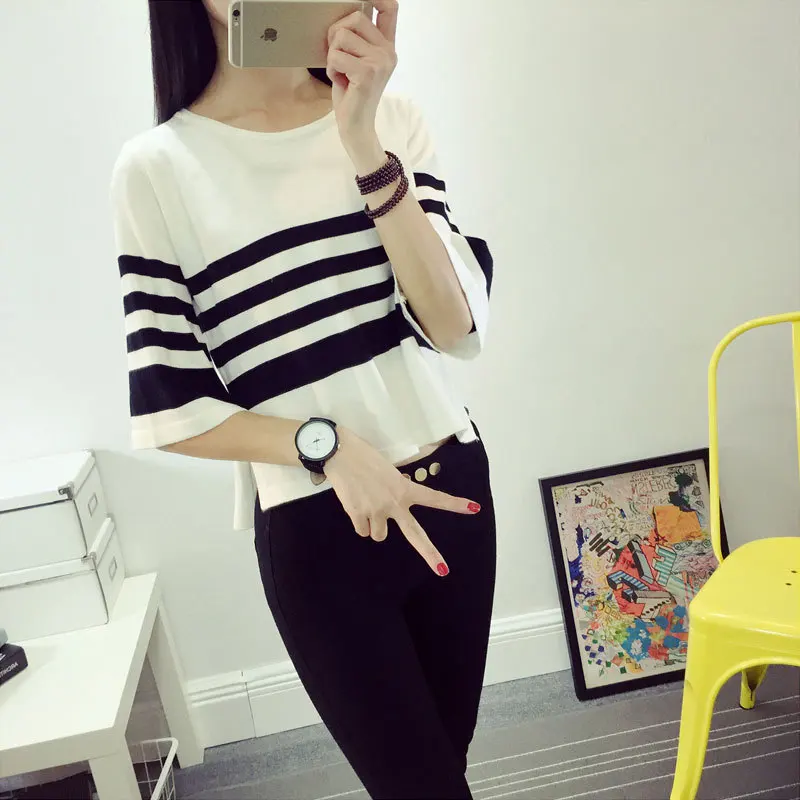 Spring and summer pullovers new Korean version of the striped sleeve loose large yards bat thin sweater women's 7553 | Женская