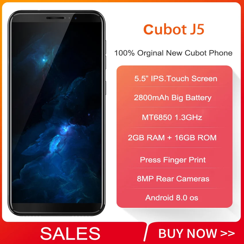 Смартфон Cubot J5 5 дюймовый экран 18:9 Android 9 0 четырёхъядерный процессор MT6580 2 Гб ОЗУ 16